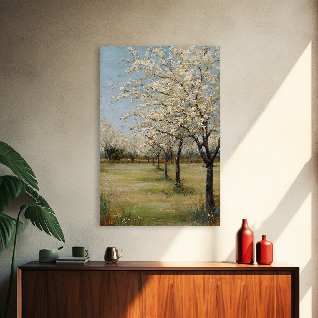 Spring Orchard with Blossoming Trees Framed Canvas Print, Impressionist Art, Original Painting, Living Room Decor, Impression, IMP-2x3-38