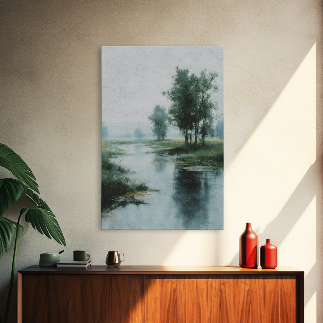 Misty Riverbank with Willow Trees Framed Canvas Print, Impressionist Art, Textured Wall Art, Living Room Decor, Impression, IMP-2x3-43