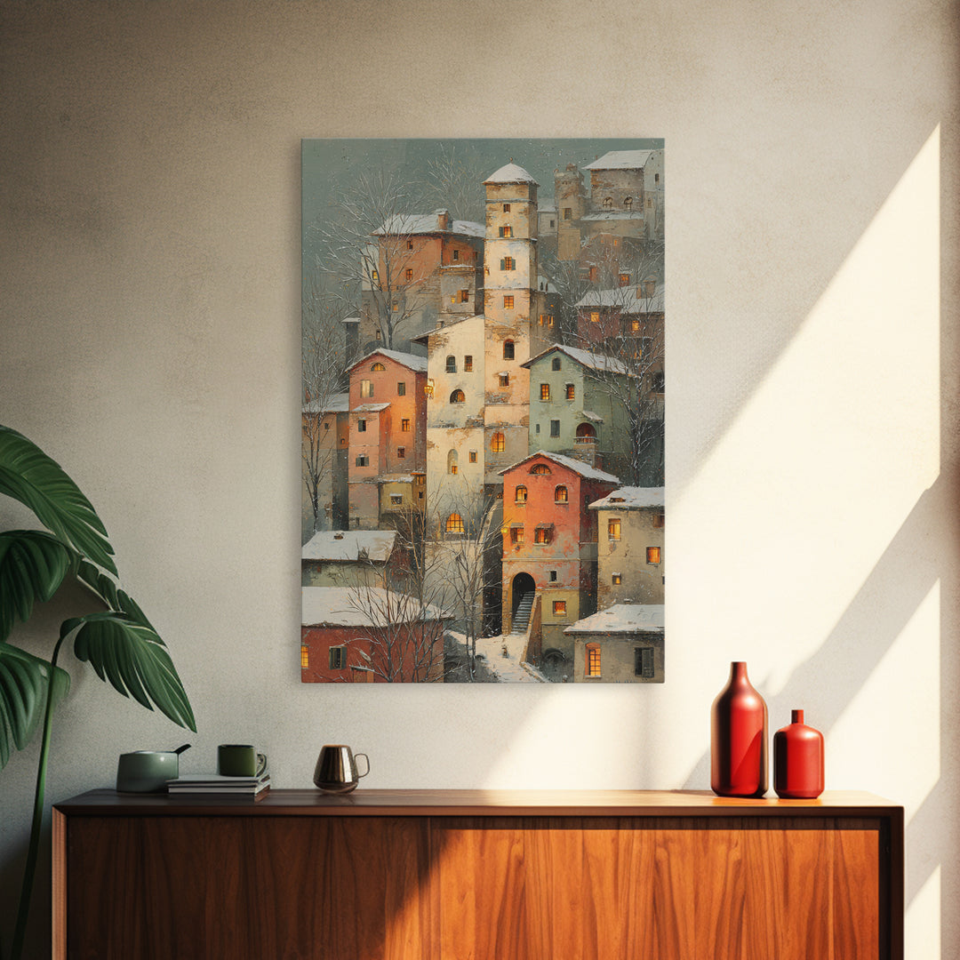 Snowy Village with Warm Glowing Windows Canvas Print, Impressionist Art, Farmhouse Decor, Living Room Decor, Impression, IMP-2x3-45