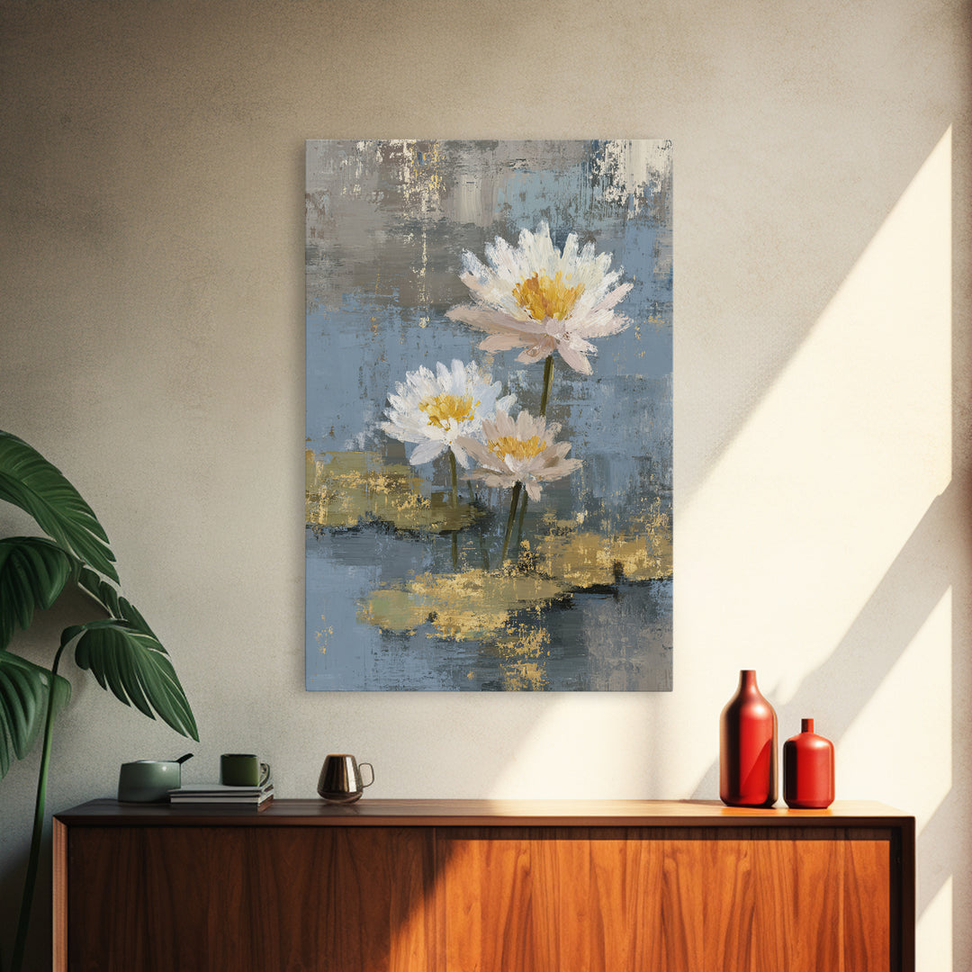 Water Lilies Floating on a Sunlit Pond Canvas Print, Impressionist Art, Floral Wall Art, Living Room Decor, Oil Painting, IMP-2x3-57