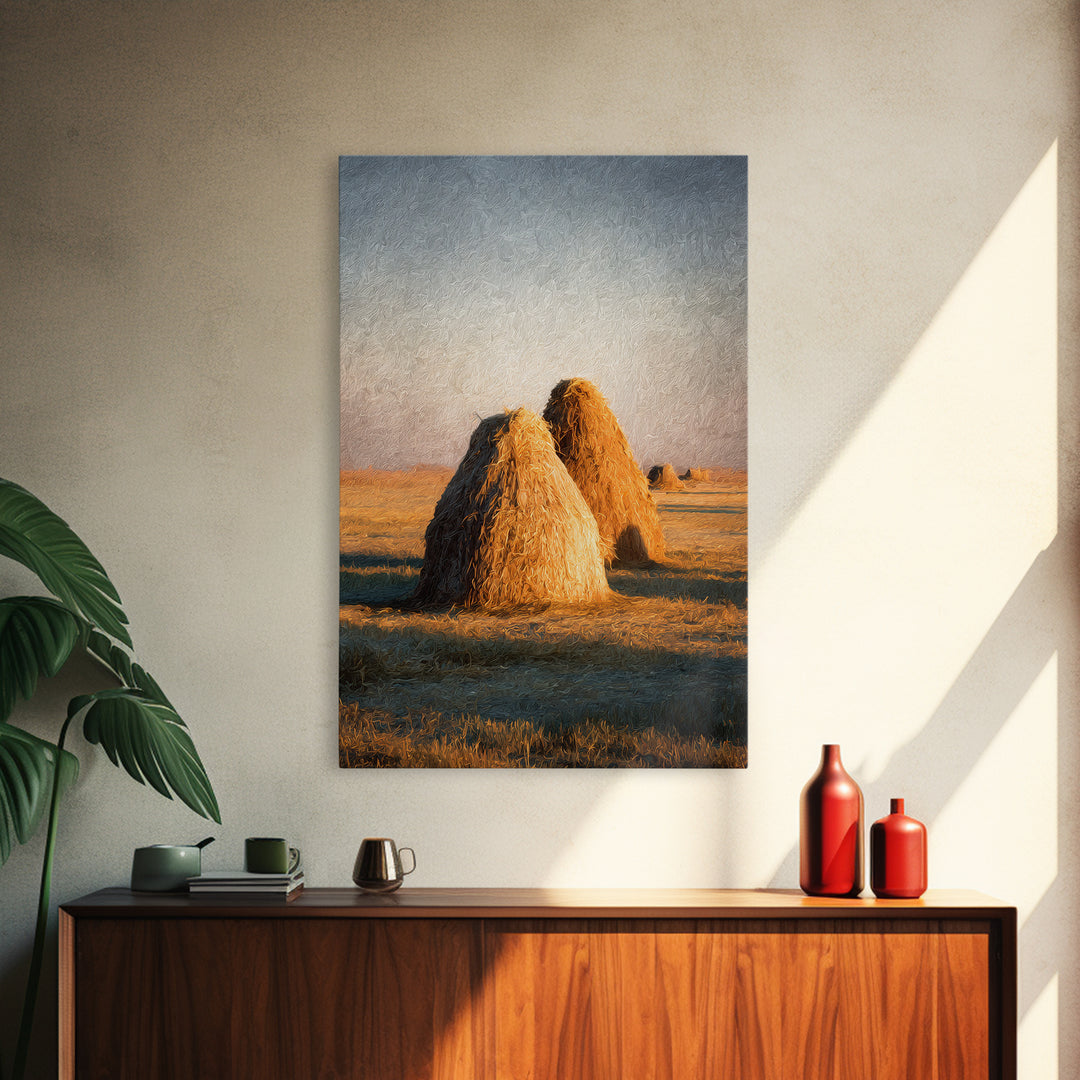 Haystacks Glowing at Golden Hour Framed Canvas Print, Impressionist Art, Bedroom Decor, Living Room Decor, Fine Art, Impression, IMP-2x3-60