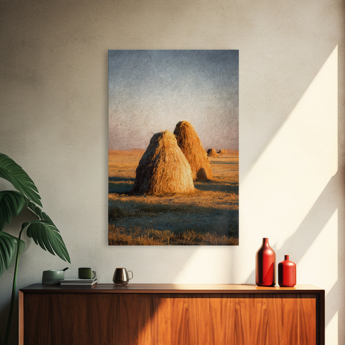 Haystacks Glowing at Golden Hour Framed Canvas Print, Impressionist Art, Bedroom Decor, Living Room Decor, Fine Art, Impression, IMP-2x3-60