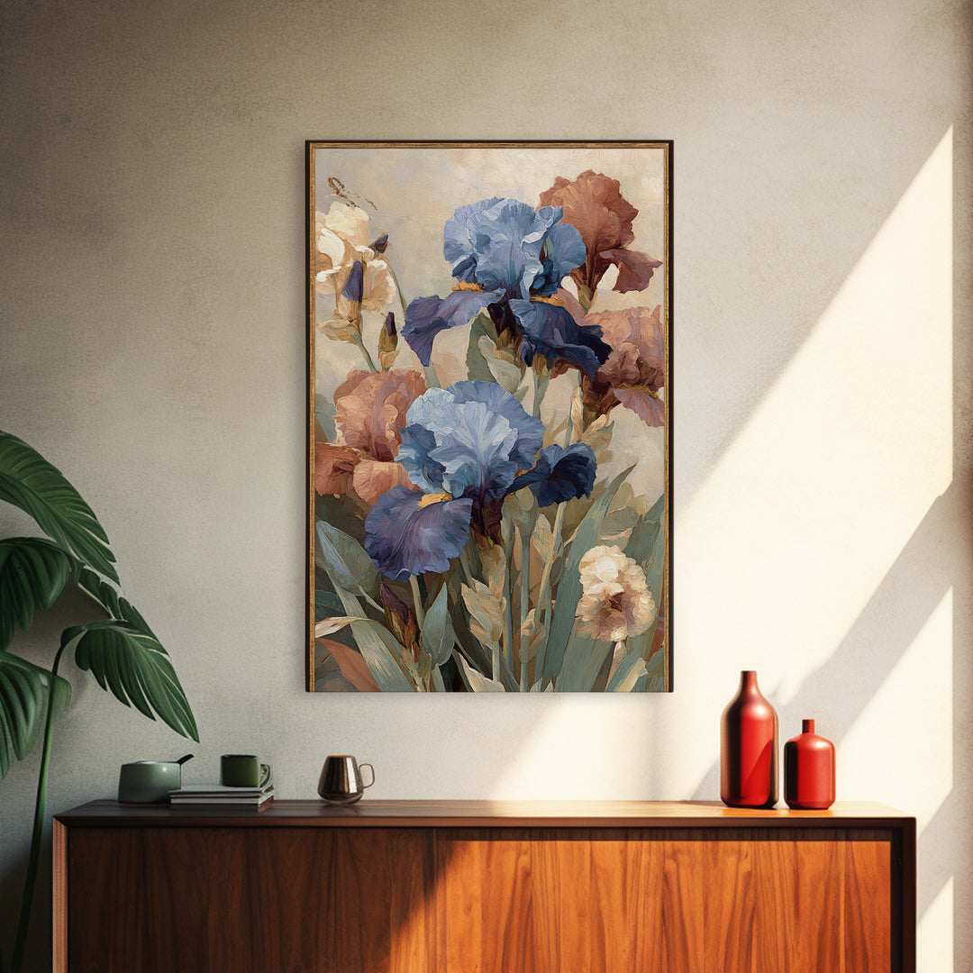Iris Garden with Blue Violet Strokes Framed Canvas Print, Impressionist Art, Landscape Wall Art, Living Room Decor, Impression, IMP-2x3-76