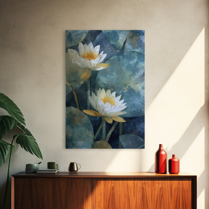 Water Lilies Floating on a Sunlit Pond Canvas Print, Impressionist Art, Floral Wall Art, Living Room Decor, Oil Painting, IMP-2x3-81