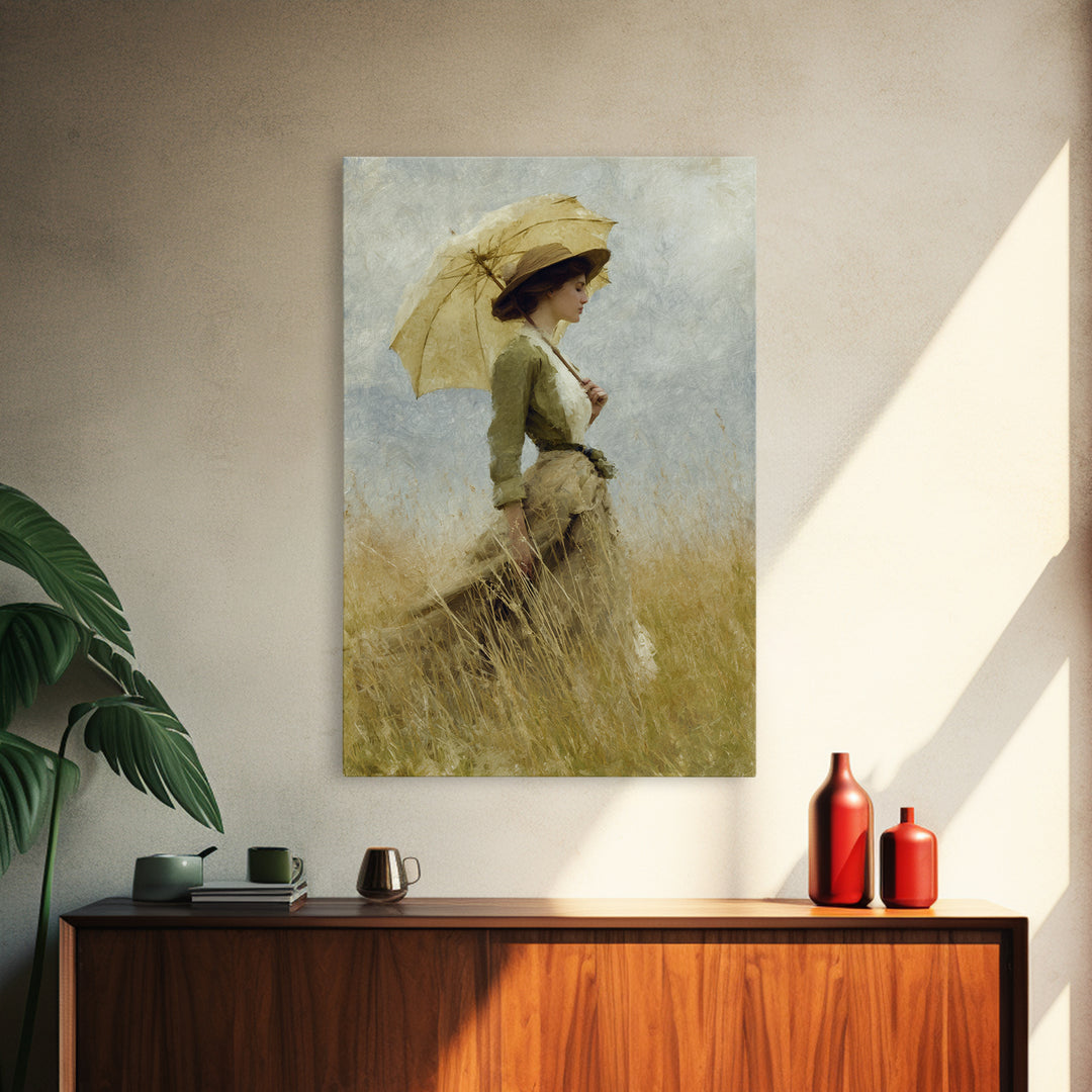 Woman with Parasol in Breezy Meadow Framed Canvas Print, Impressionist Art, Landscape Art, Living Room Decor, Impression, IMP-2x3-83
