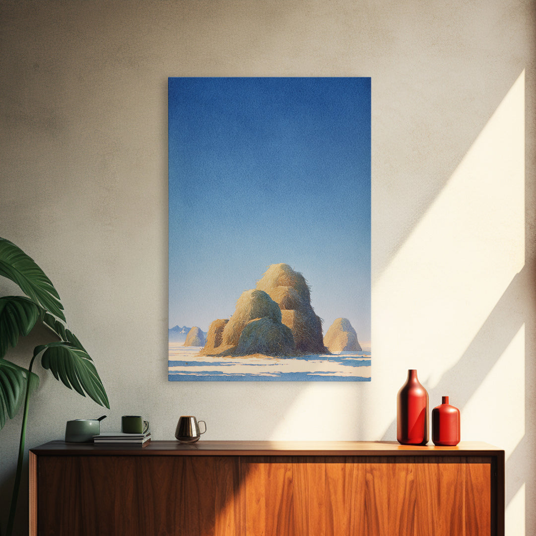 Haystacks Glowing at Golden Hour Framed Canvas Print, Impressionist Art, Modern Decor, Living Room Decor, Fine Art, Impression, IMP-2x3-84