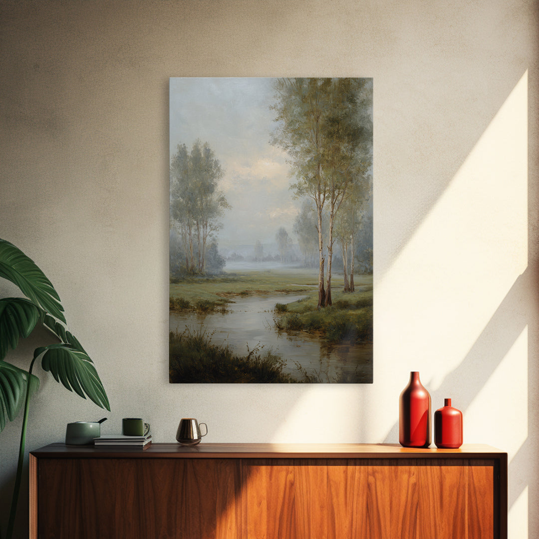 Misty Riverbank with Willow Trees Canvas Print, Impressionist Art, Flower Print, Living Room Decor, Fine Art, Impression, IMP-2x3-91
