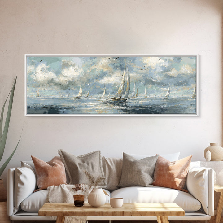 Sailboats on a Bright Sparkling Harbor Canvas Print, Impressionist Art, Abstract Painting, Living Room Decor, Impression, IMP-3x1-1