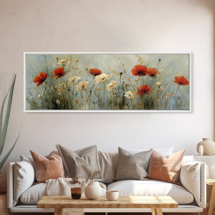 Poppies Blowing Through Green Grass Canvas Print, Impressionist Art, Living Room Decor, Abstract Art, Impression, IMP-3x1-100