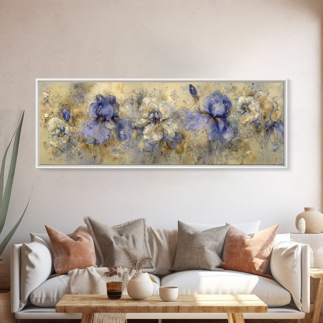 Iris Garden with Blue Violet Strokes Framed Canvas Print, Impressionist Art, Landscape Wall Art, Living Room Decor, Impression, IMP-3x1-12