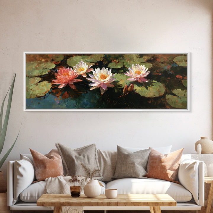 Water Lilies Floating on a Sunlit Pond Framed Canvas Print, Impressionist Art, Gallery Wall Art, Living Room Decor, Impression, IMP-3x1-17