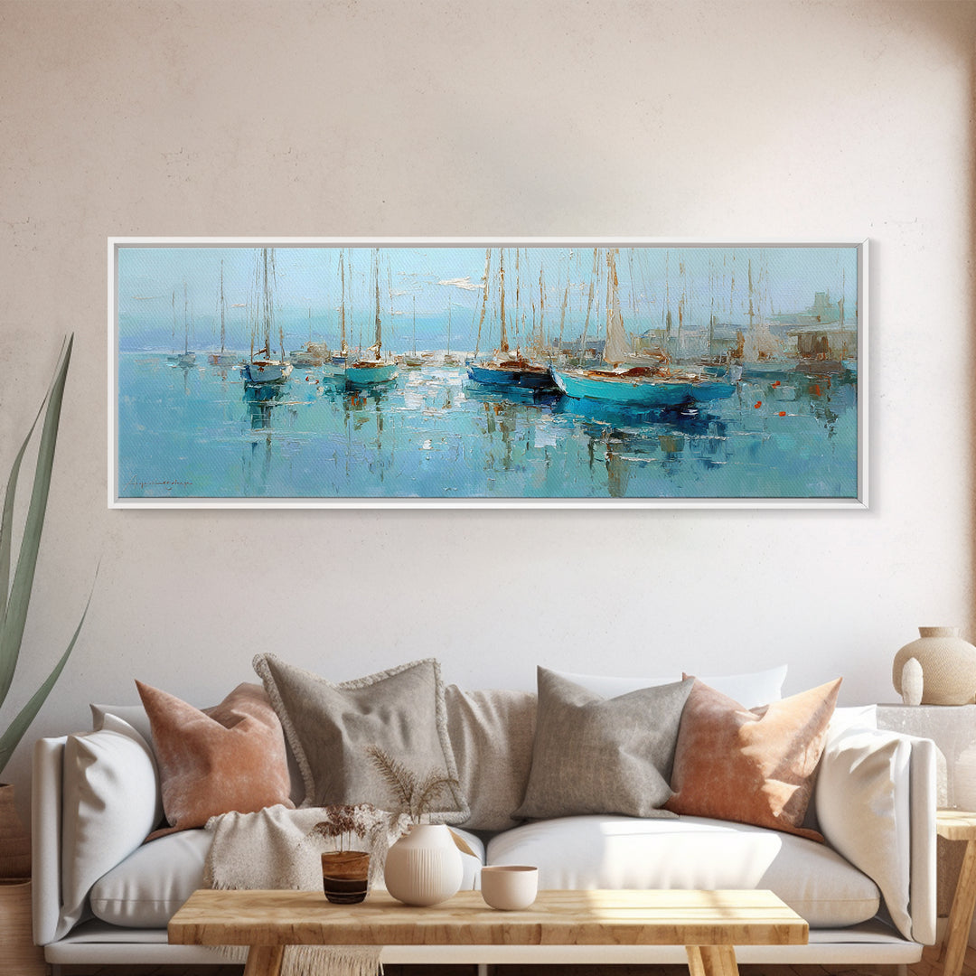 Sailboats on a Bright Sparkling Harbor Canvas Print, Impressionist Art, Landscape Art, Living Room Decor, Abstract Art, IMP-3x1-25