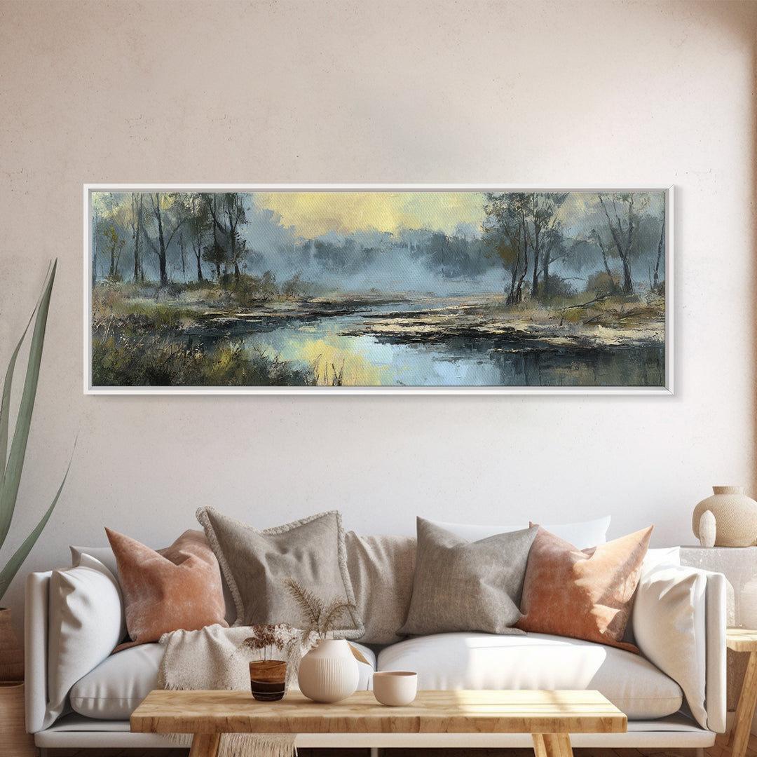Misty Riverbank with Willow Trees Framed Canvas Print, Impressionist Art, Textured Painting, Living Room Decor, Impression, IMP-3x1-27