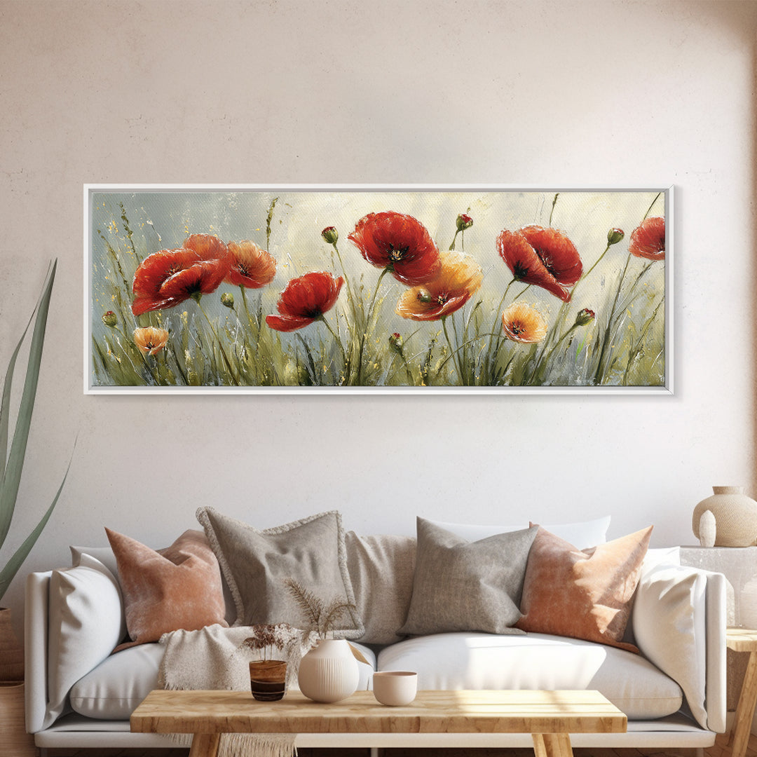 Poppies Blowing Through Green Grass Framed Canvas Print, Impressionist Art, Living Room Art, Living Room Decor, Oil Painting, IMP-3x1-28
