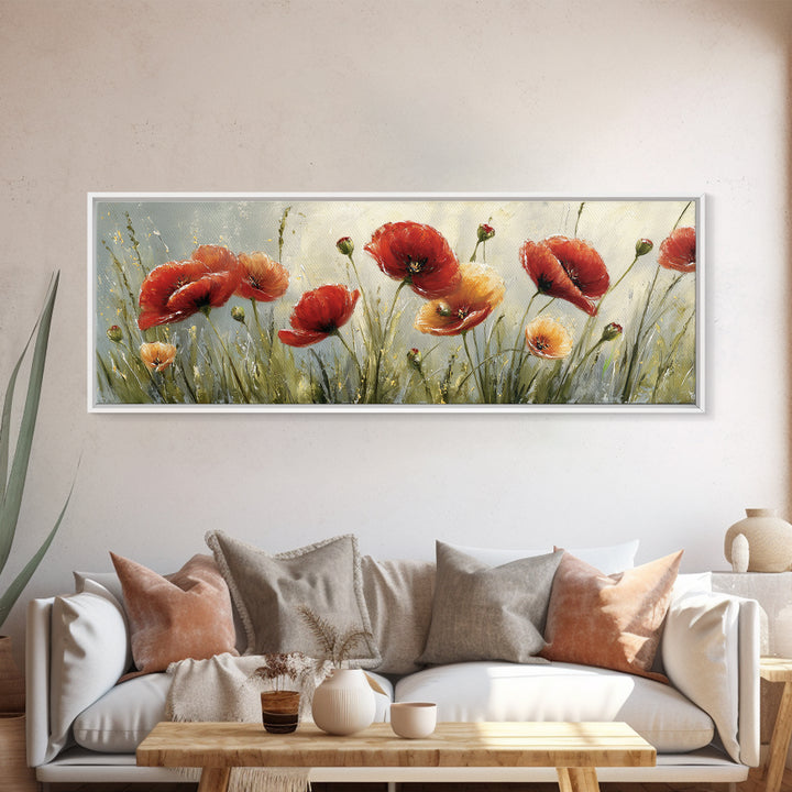 Poppies Blowing Through Green Grass Framed Canvas Print, Impressionist Art, Living Room Art, Living Room Decor, Oil Painting, IMP-3x1-28