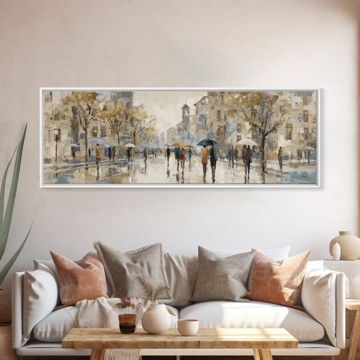 Rainy Boulevard with Umbrella Shapes Canvas Print, Impressionist Art, Landscape Painting, Living Room Decor, Impression, IMP-3x1-37