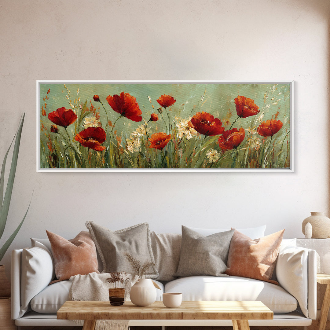 Poppies Blowing Through Green Grass Canvas Print, Impressionist Art, Landscape Painting, Living Room Decor, Watercolor Art, IMP-3x1-4