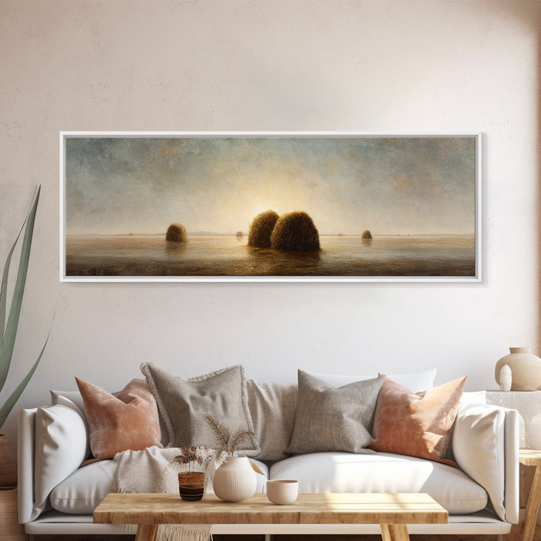 Haystacks Glowing at Golden Hour Framed Canvas Print, Impressionist Art, Modern Decor, Living Room Decor, Fine Art, Impression, IMP-3x1-44