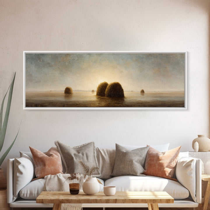 Haystacks Glowing at Golden Hour Framed Canvas Print, Impressionist Art, Modern Decor, Living Room Decor, Fine Art, Impression, IMP-3x1-44