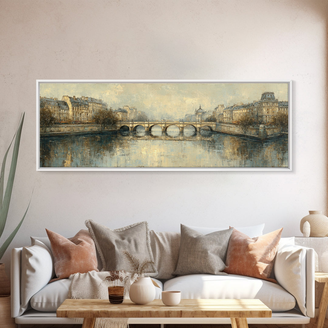 Paris Bridge Reflected Framed Canvas Print, Impressionist Art, Oil Painting, Living Room Decor, Impression, Coastal Wall Art, IMP-3x1-47