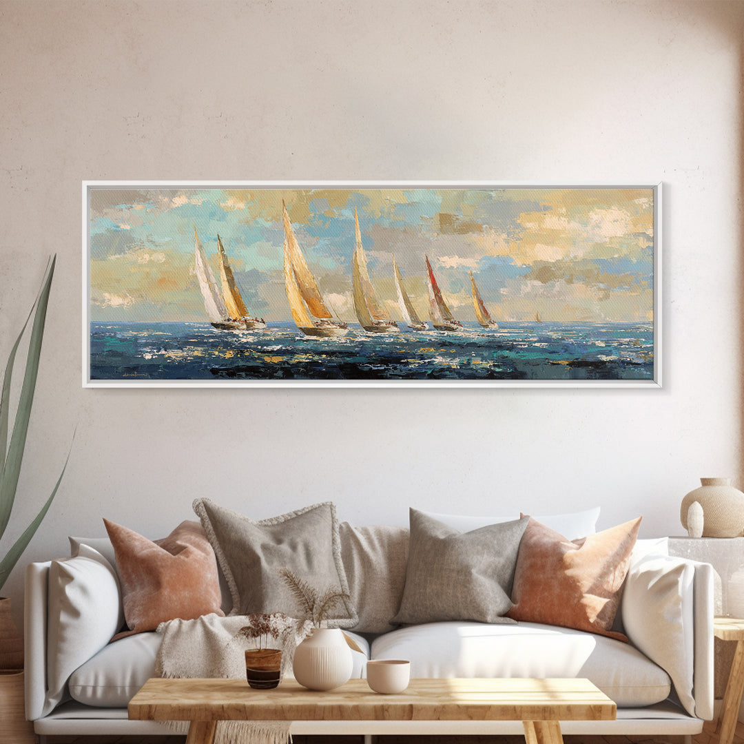 Sailboats on a Bright Sparkling Harbor Canvas Print, Impressionist Art, Landscape Art, Living Room Decor, Abstract Art, IMP-3x1-49
