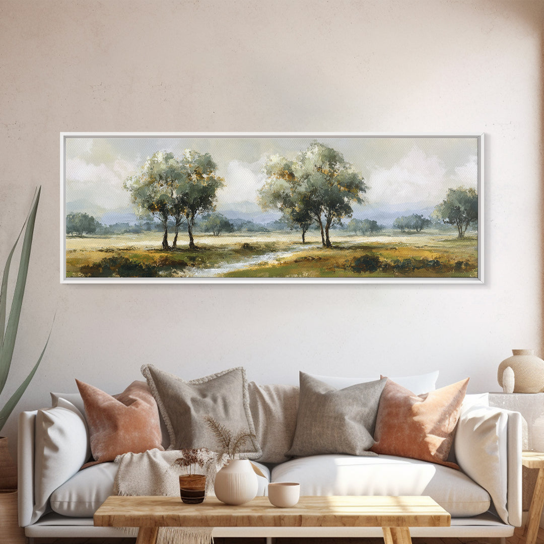 Misty Riverbank with Willow Trees Framed Canvas Print, Impressionist Art, Large Wall Art, Living Room Decor, Impression, IMP-3x1-51