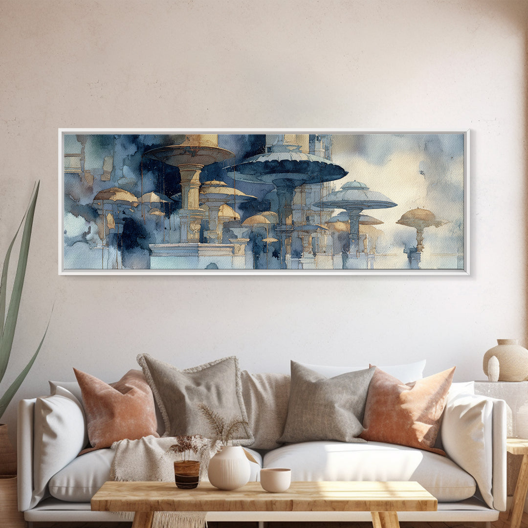 Rainy Boulevard with Umbrella Shapes Canvas Print, Impressionist Art, Living Room Art, Living Room Decor, Abstract Art, IMP-3x1-61
