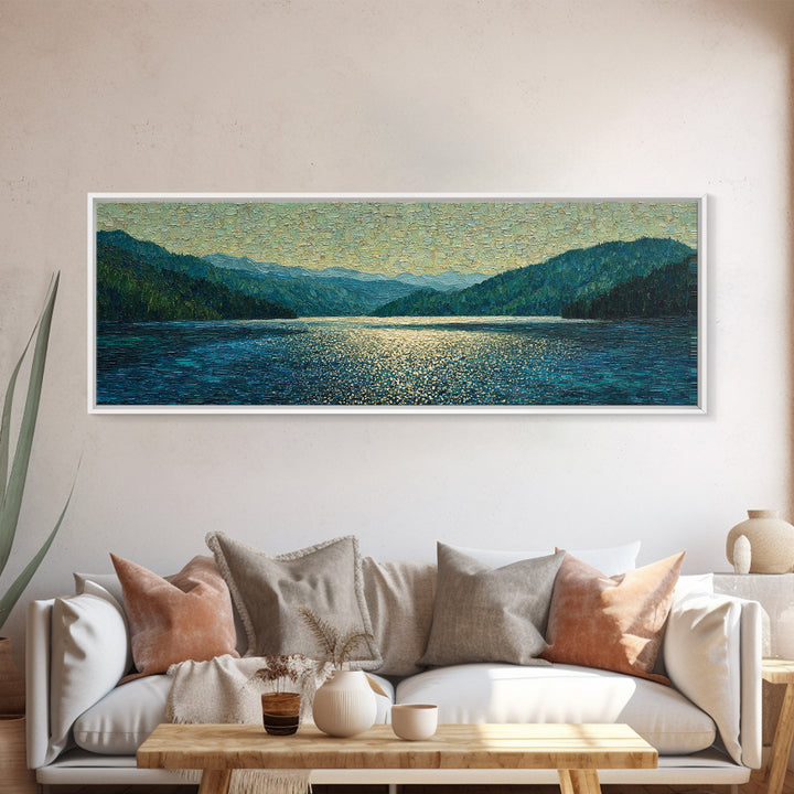 Mountain Lake with Sparkling Reflections Framed Canvas Print, Impressionist Art, Luxury Decor, Living Room Decor, Impression, IMP-3x1-64