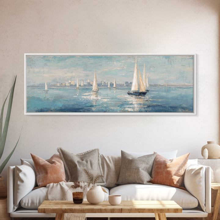 Sailboats on a Bright Sparkling Harbor Framed Canvas Print, Impressionist Art, Neutral Decor, Living Room Decor, Impression, IMP-3x1-73