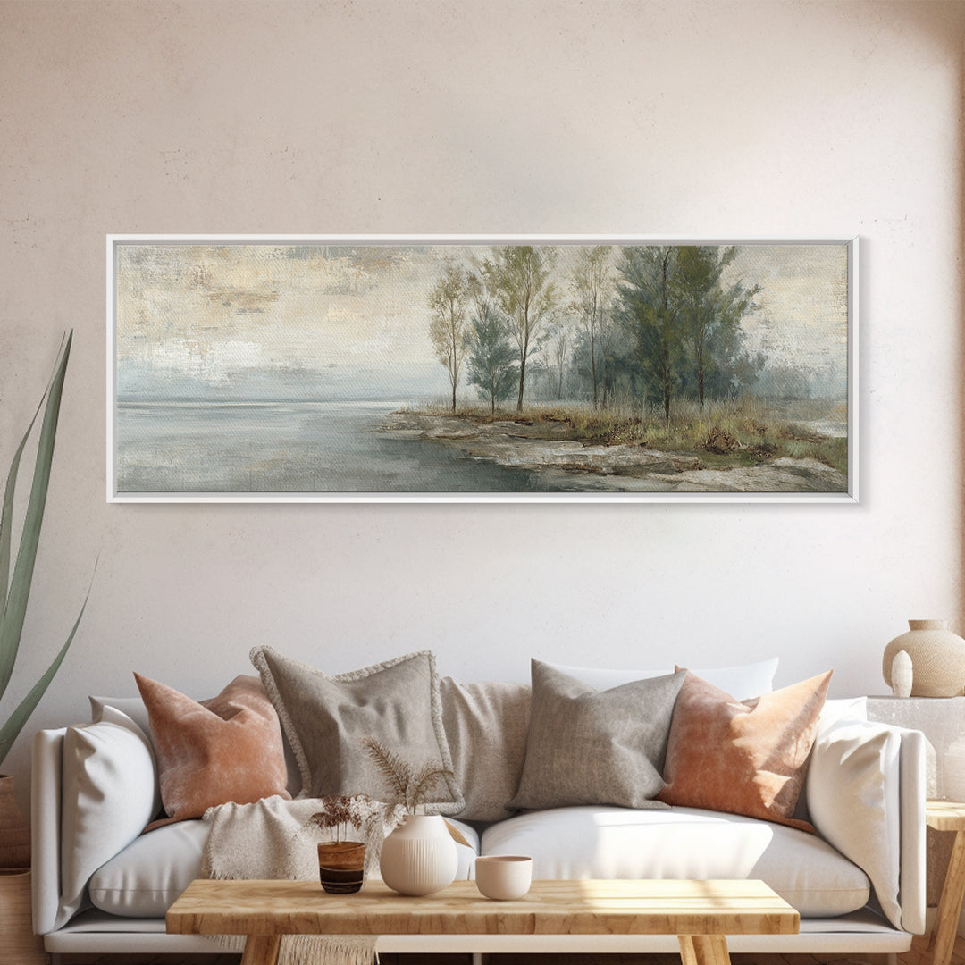 Misty Riverbank with Willow Trees Canvas Print, Impressionist Art, Living Room Decor, Fine Art, Impression, Landscape Art, IMP-3x1-75