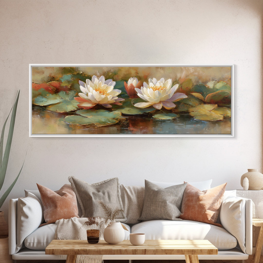 Water Lilies Floating on a Sunlit Pond Framed Canvas Print, Impressionist Art, Boho Decor, Living Room Decor, Oil Painting, IMP-3x1-89
