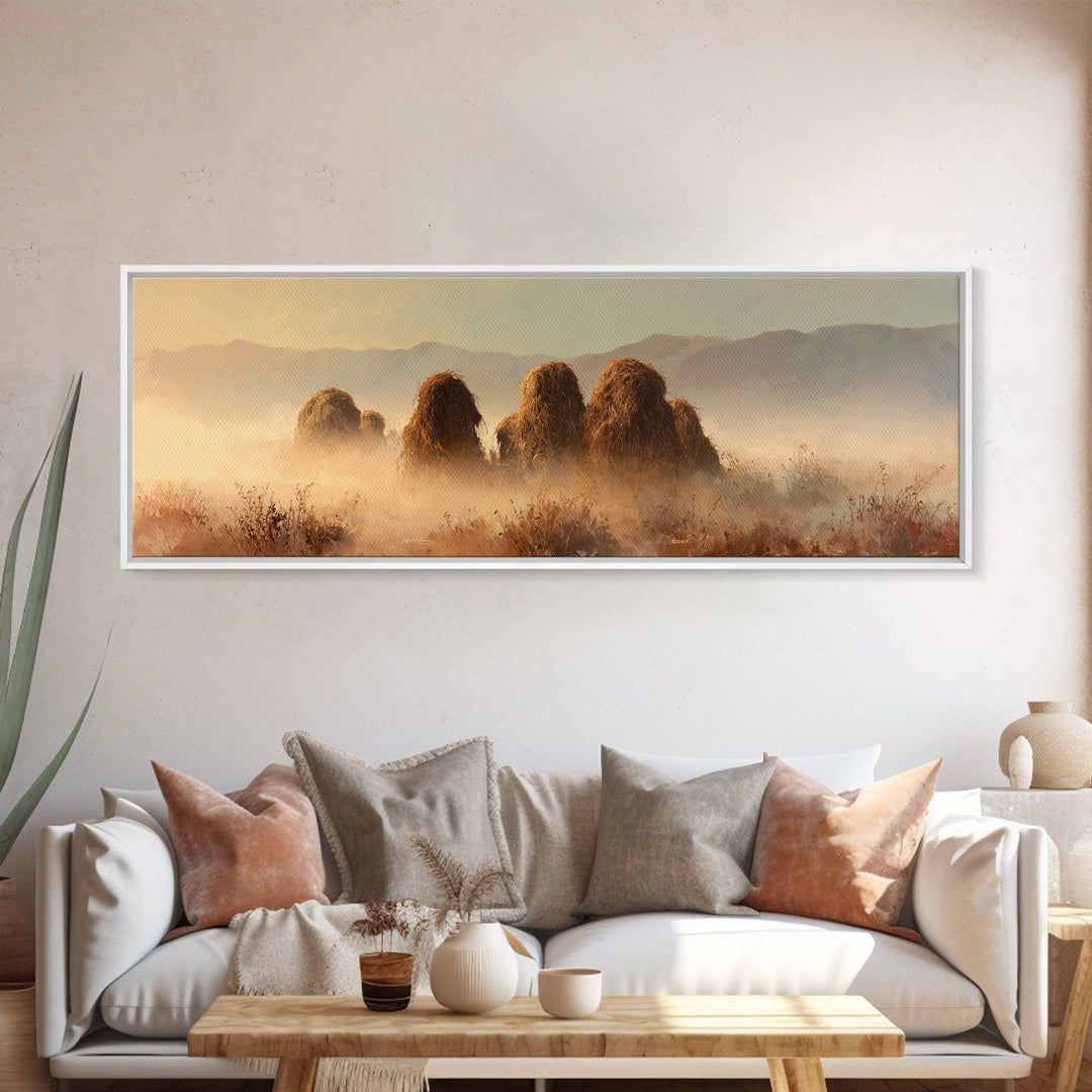 Haystacks Glowing at Golden Hour Canvas Print, Impressionist Art, Oil Painting, Living Room Decor, Impression, Coastal Wall Art, IMP-3x1-92