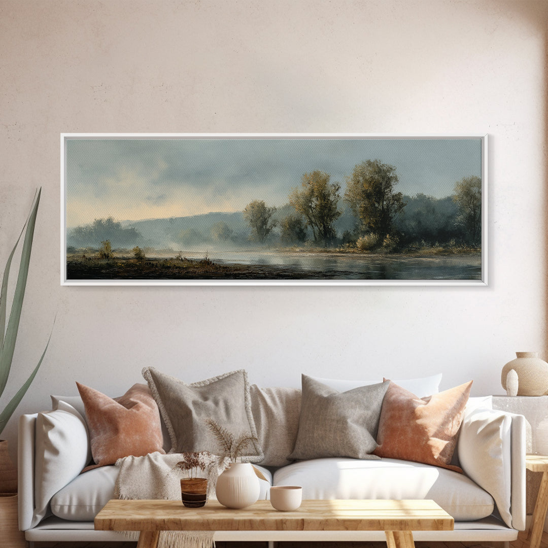 Misty Riverbank with Willow Trees Framed Canvas Print, Impressionist Art, Large Wall Art, Living Room Decor, Impression, IMP-3x1-99