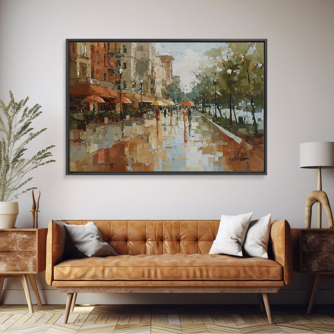Rainy Boulevard with Umbrella Shapes Canvas Print, Impressionist Art, Abstract Painting, Living Room Decor, Abstract Art, IMP-3x2-1