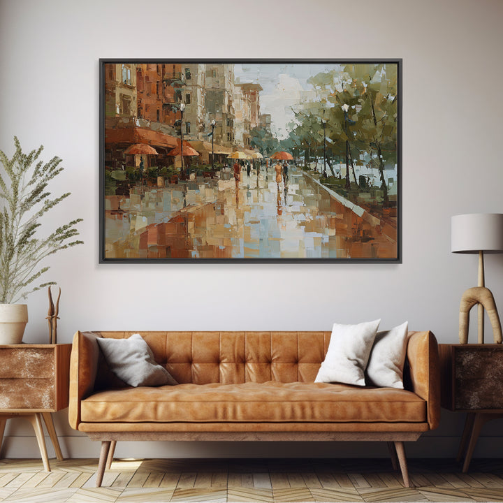 Rainy Boulevard with Umbrella Shapes Canvas Print, Impressionist Art, Abstract Painting, Living Room Decor, Abstract Art, IMP-3x2-1