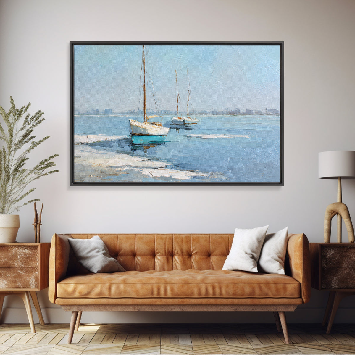 Sailboats on a Bright Sparkling Harbor Canvas Print, Impressionist Art, Landscape Painting, Living Room Decor, Impression, IMP-3x2-13