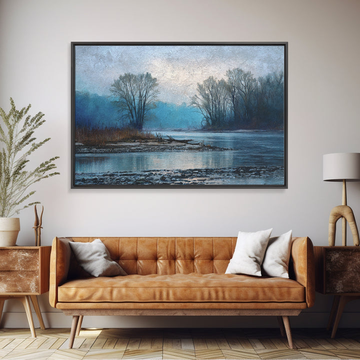 Misty Riverbank with Willow Trees Framed Canvas Print, Impressionist Art, Coastal Wall Art, Living Room Decor, Impression, IMP-3x2-15