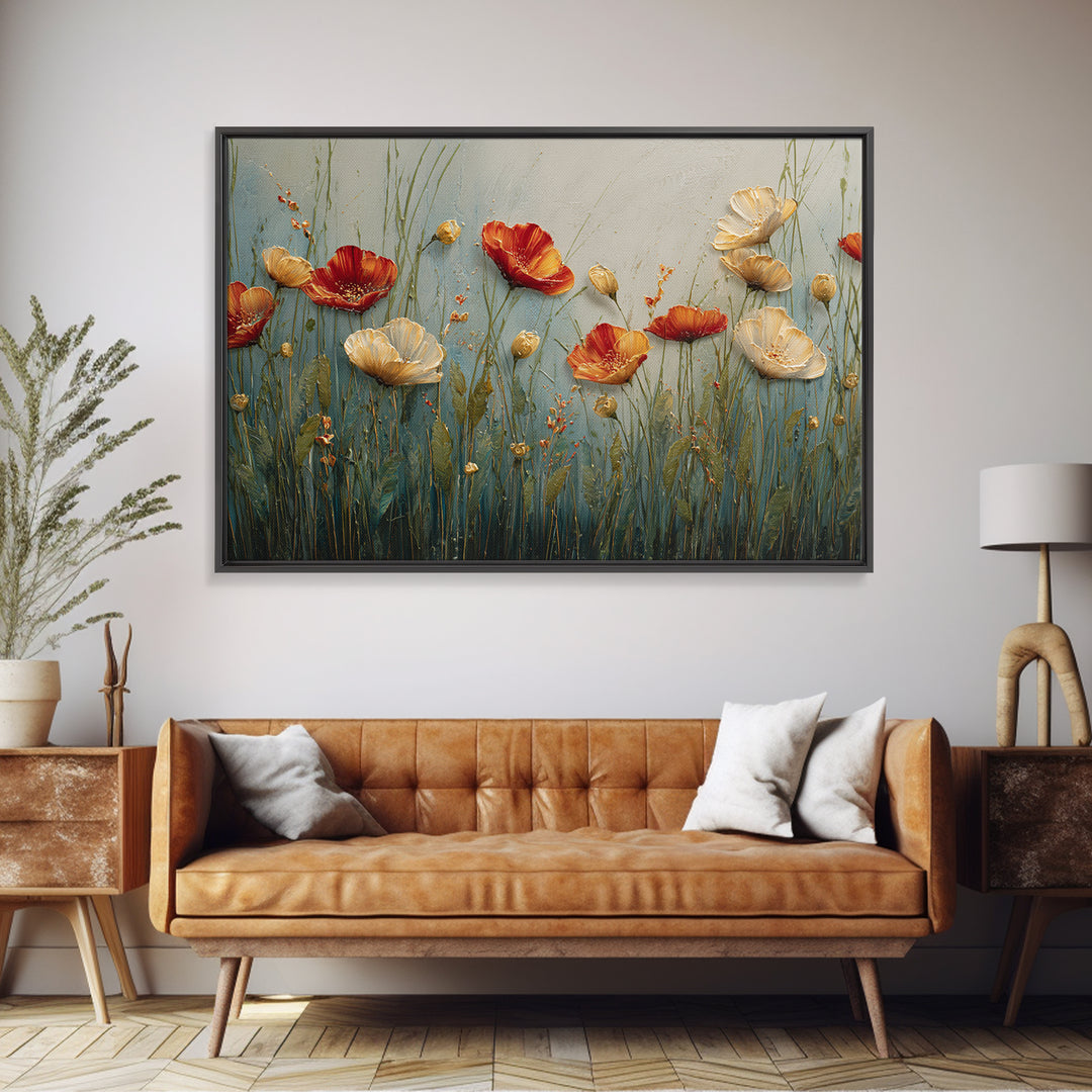 Poppies Blowing Through Green Grass Canvas Print, Impressionist Art, Landscape Painting, Living Room Decor, Watercolor Art, IMP-3x2-16