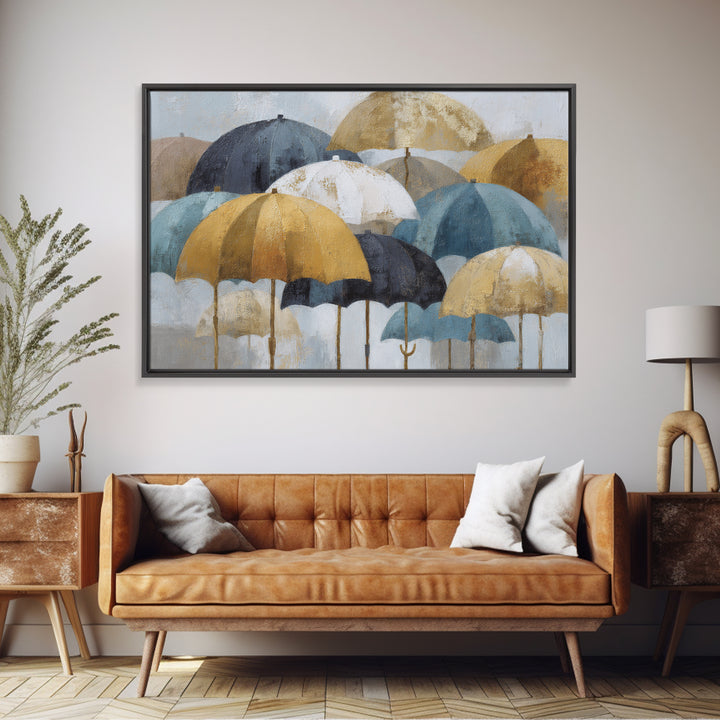 Rainy Boulevard with Umbrella Shapes Framed Canvas Print, Impressionist Art, Landscape Art, Living Room Decor, Impression, IMP-3x2-25