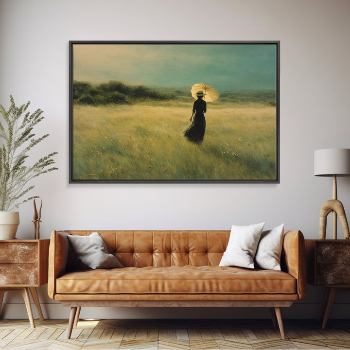 Woman with Parasol in Breezy Meadow Framed Canvas Print, Impressionist Art, Statement Artwork, Living Room Decor, Impression, IMP-3x2-31