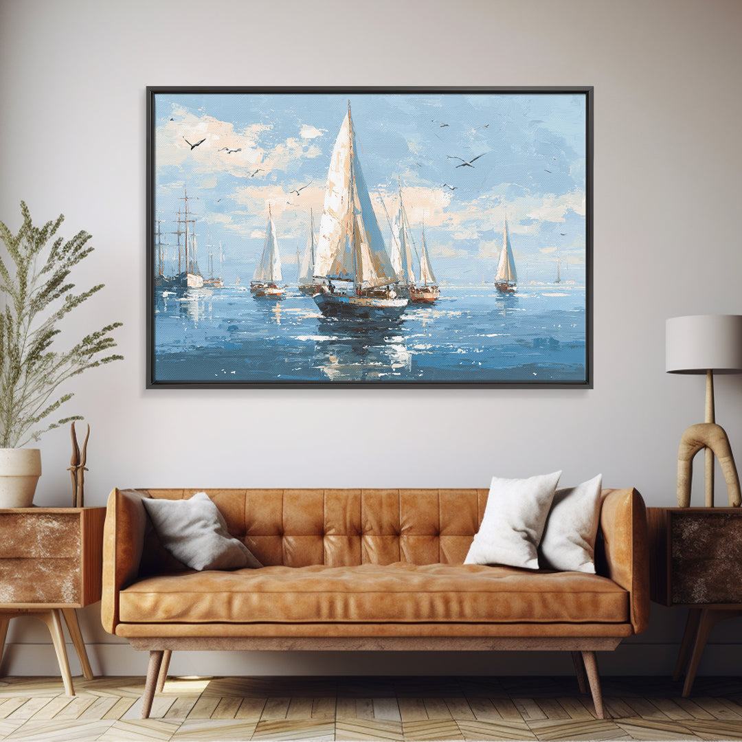 Sailboats on a Bright Sparkling Harbor Canvas Print, Impressionist Art, Living Room Art, Living Room Decor, Oil Painting, IMP-3x2-37