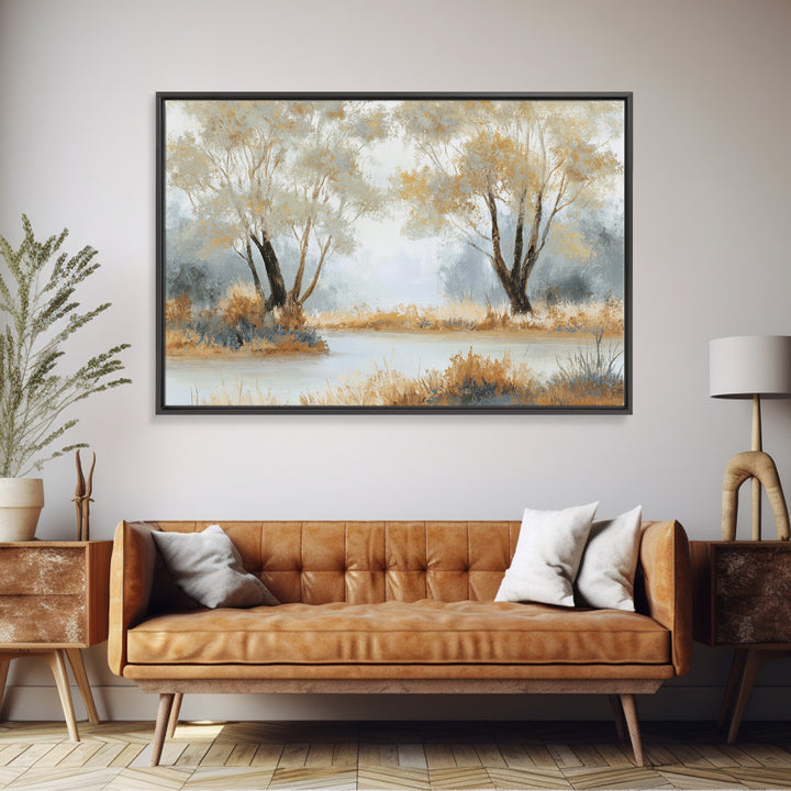 Misty Riverbank with Willow Trees Framed Canvas Print, Impressionist Art, Contemporary Art, Living Room Decor, Impression, IMP-3x2-39