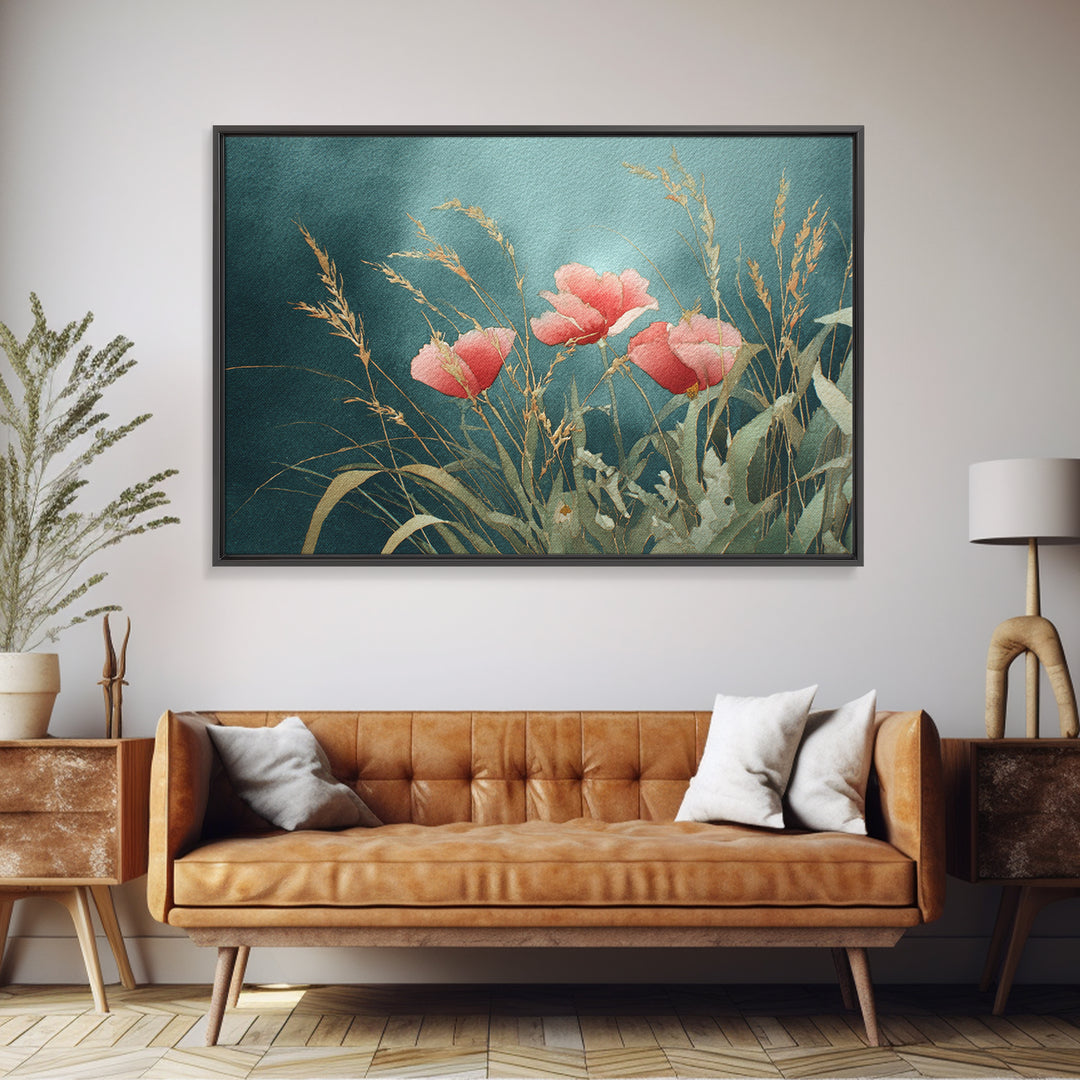Poppies Blowing Through Green Grass Framed Canvas Print, Impressionist Art, Living Room Art, Living Room Decor, Oil Painting, IMP-3x2-40