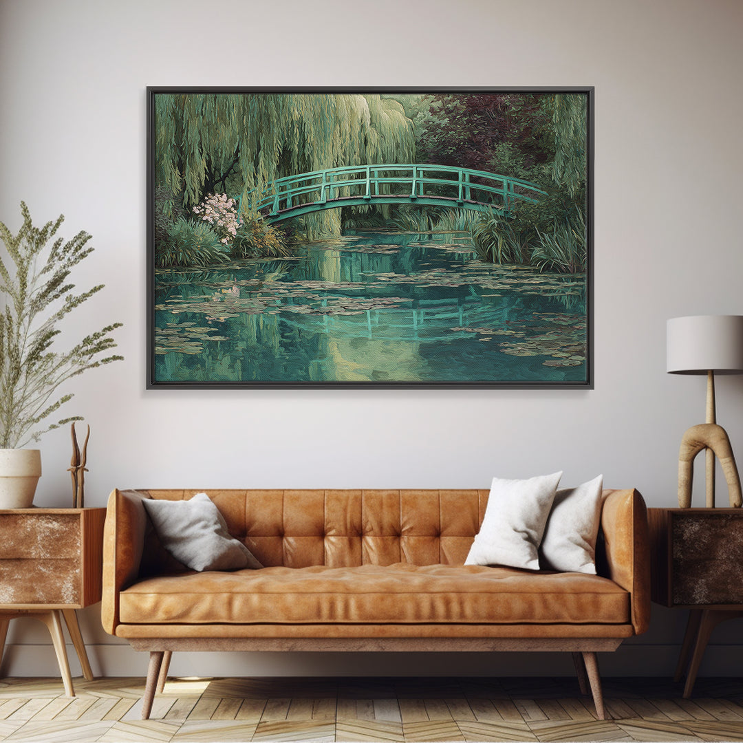 Water Garden Bridge Framed Canvas Print, Impressionist Art, Abstract Painting, Living Room Decor, Fine Art, Impression, IMP-3x2-46