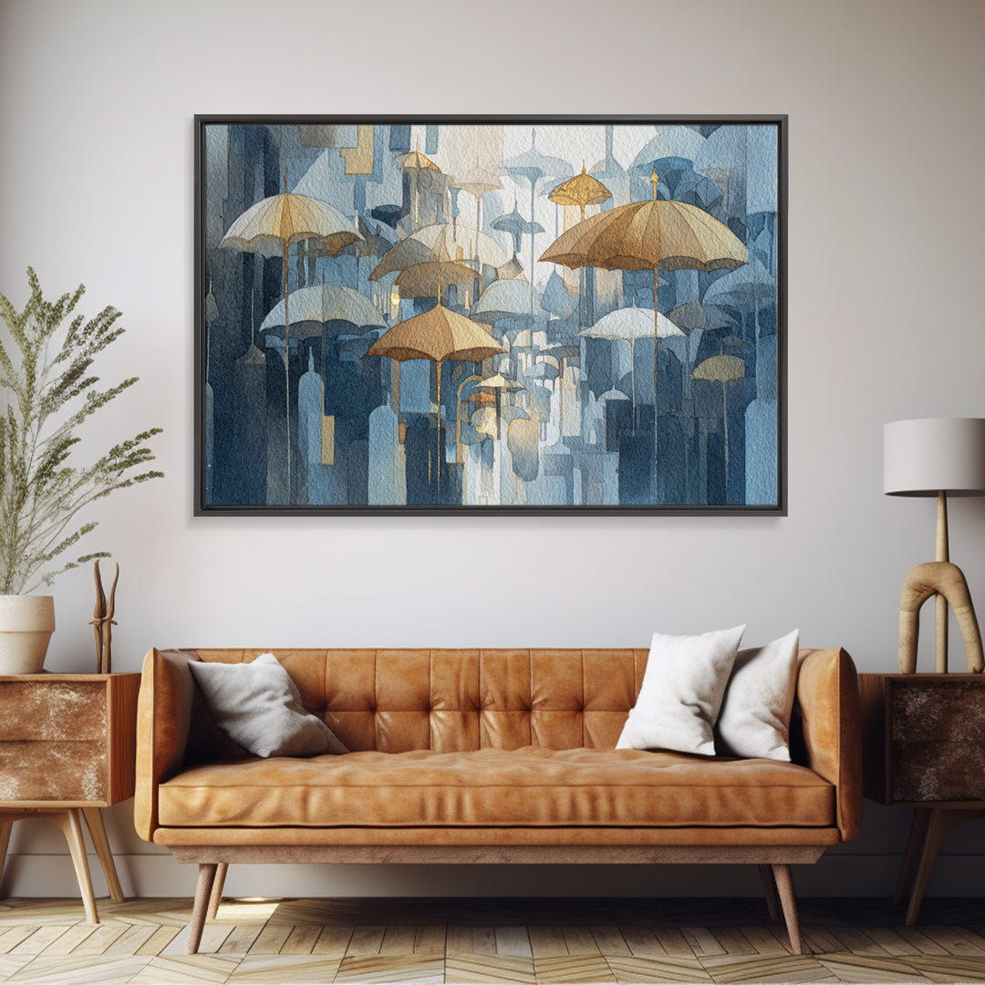 Rainy Boulevard with Umbrella Shapes Canvas Print, Impressionist Art, Neutral Decor, Living Room Decor, Fine Art, Impression, IMP-3x2-49