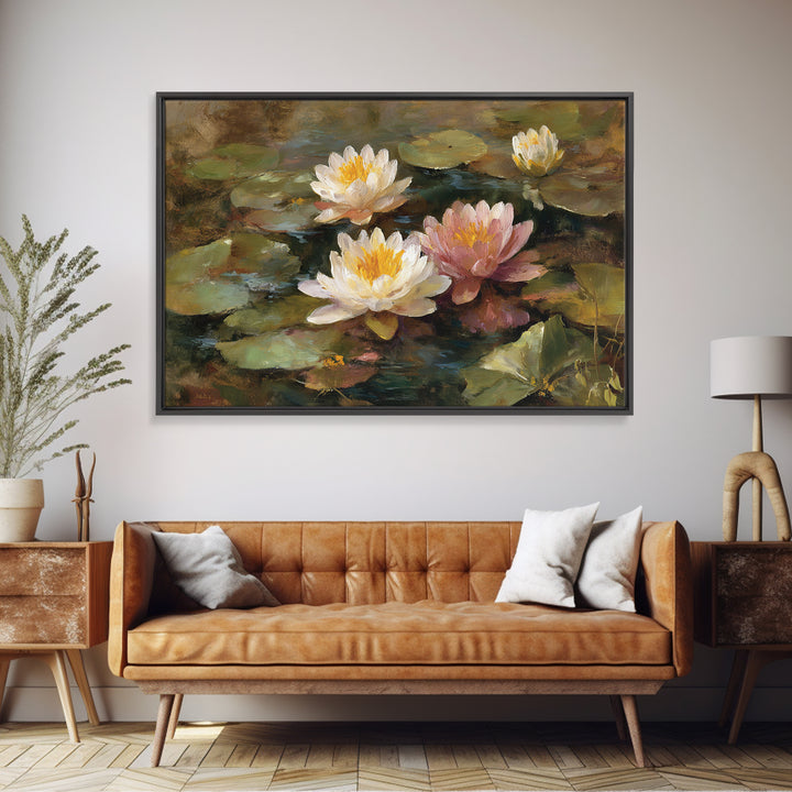 Water Lilies Floating on a Sunlit Pond Canvas Print, Impressionist Art, Colorful Wall Art, Living Room Decor, Impression, IMP-3x2-5