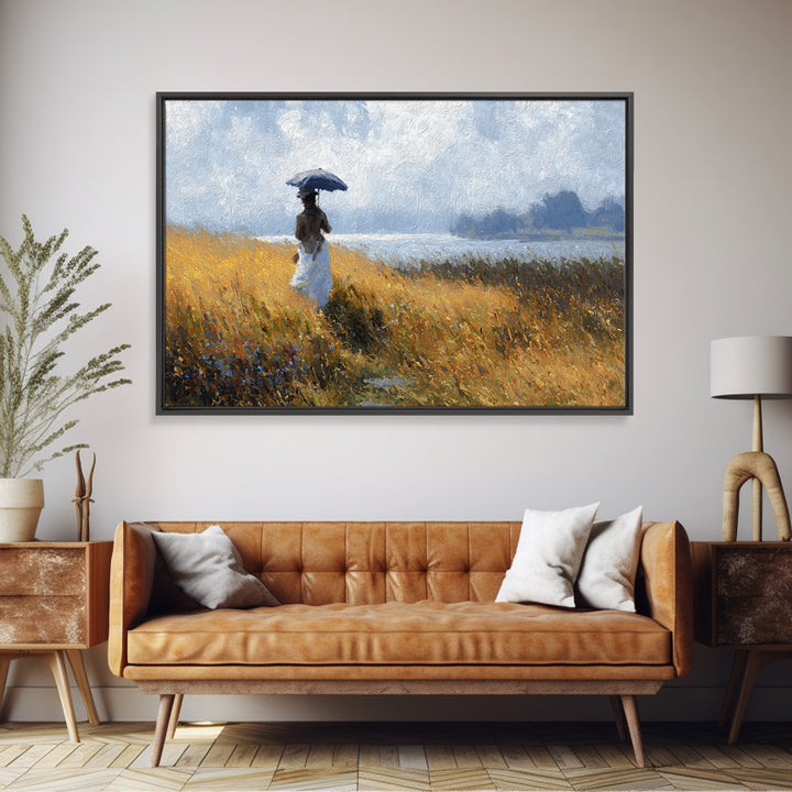 Woman with Parasol in Breezy Meadow Canvas Print, Impressionist Art, Horizontal Wall Art, Living Room Decor, Impression, IMP-3x2-55
