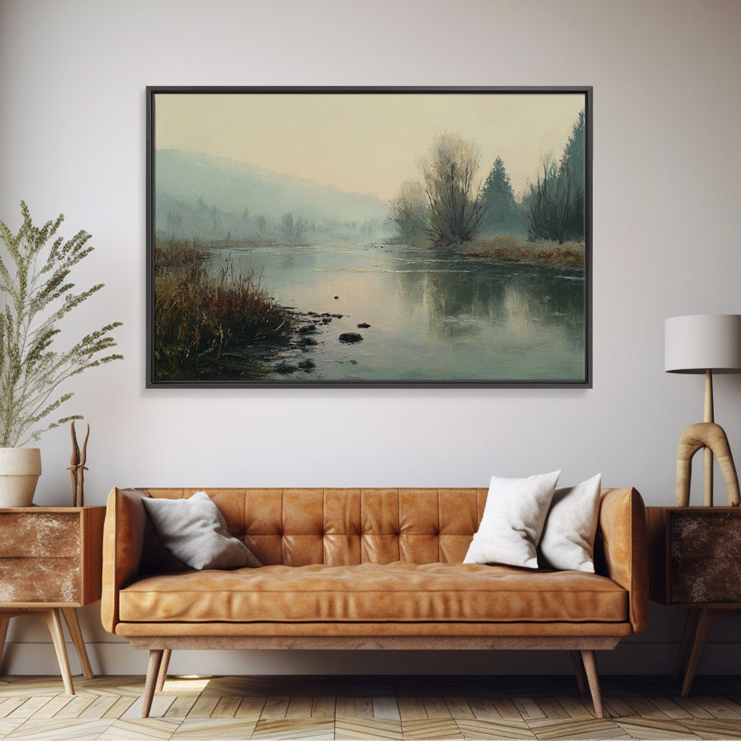 Misty Riverbank with Willow Trees Framed Canvas Print, Impressionist Art, Modern Art, Living Room Decor, Fine Art, Impression, IMP-3x2-63