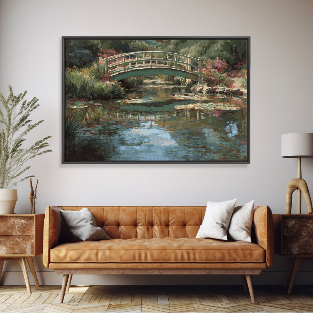 Water Garden Bridge Framed Canvas Print, Impressionist Art, Abstract Painting, Living Room Decor, Fine Art, Impression, IMP-3x2-70