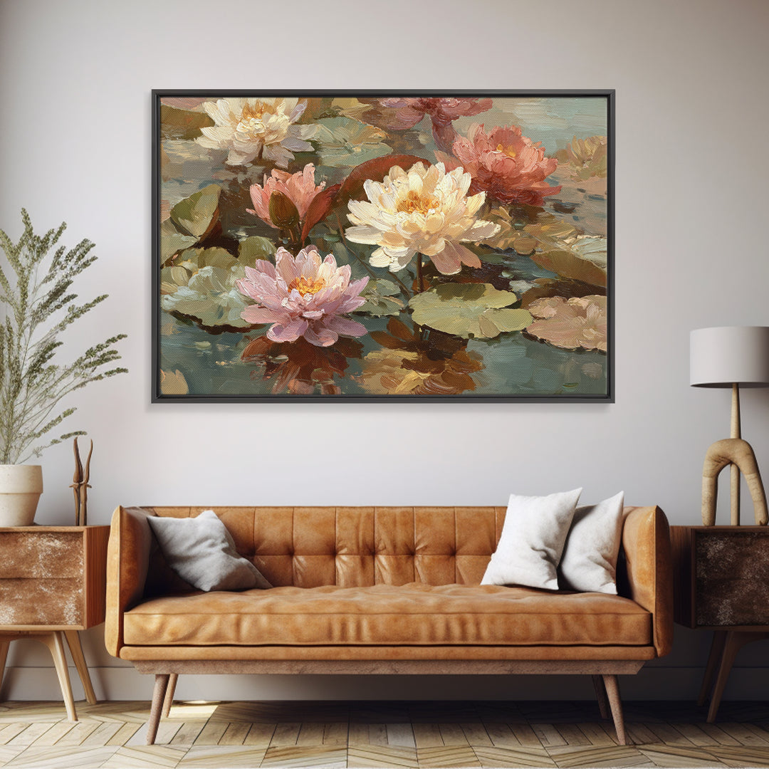 Water Lilies Floating on a Sunlit Pond Framed Canvas Print, Impressionist Art, Room Decor, Living Room Decor, Impression, IMP-3x2-77